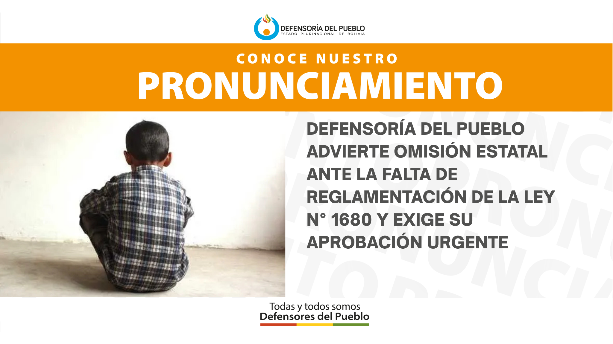 PRONUNCIAMIENTO DEFENSORÍA DEL PUEBLO ADVIERTE OMISIÓN ESTATAL ANTE LA FALTA DE REGLAMENTACIÓN DE LA LEY N° 1680 Y EXIGE SU APROBACIÓN URGENTE