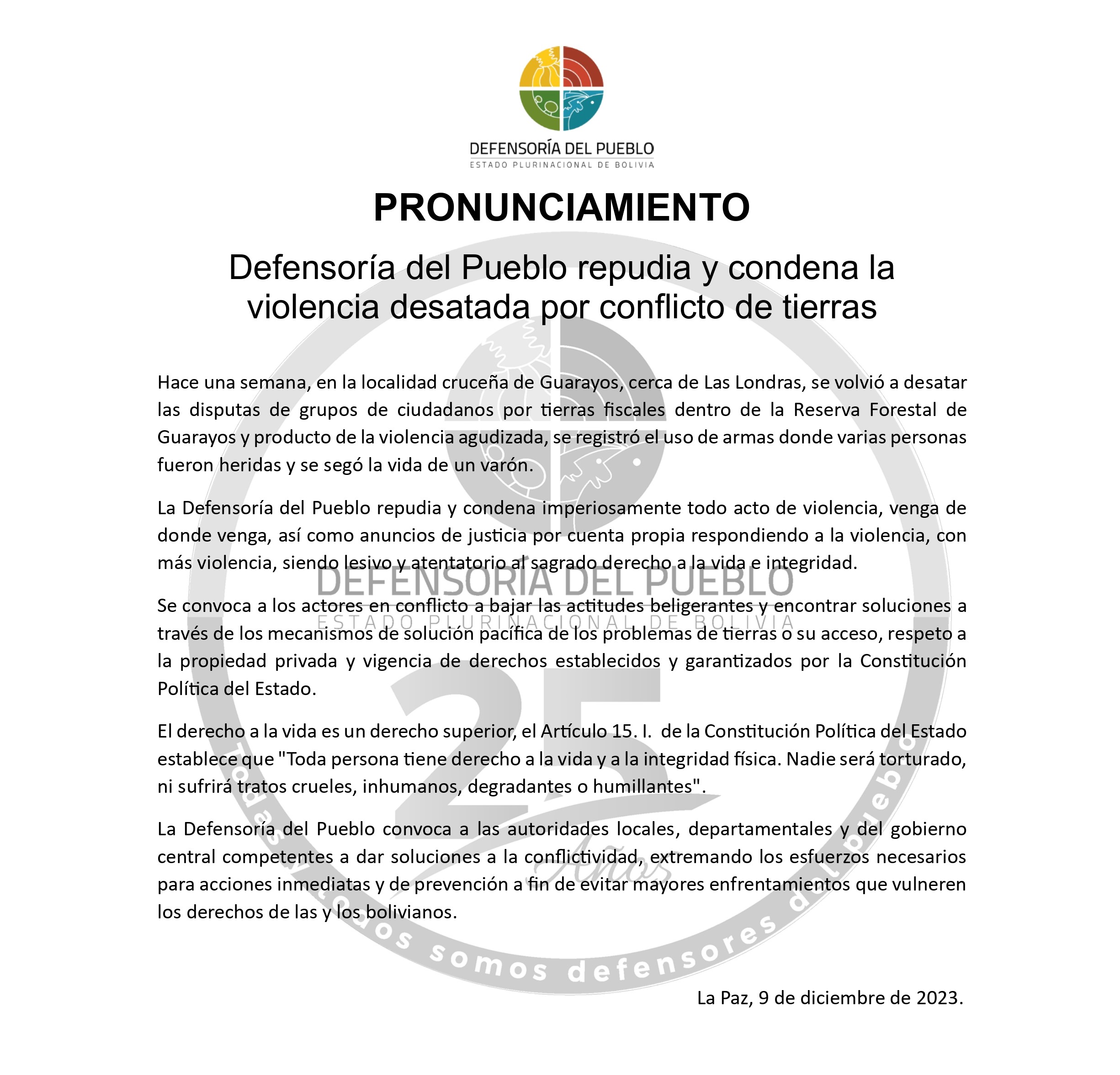 Defensoría del Pueblo repudia y condena la violencia desatada por conflicto de tierras