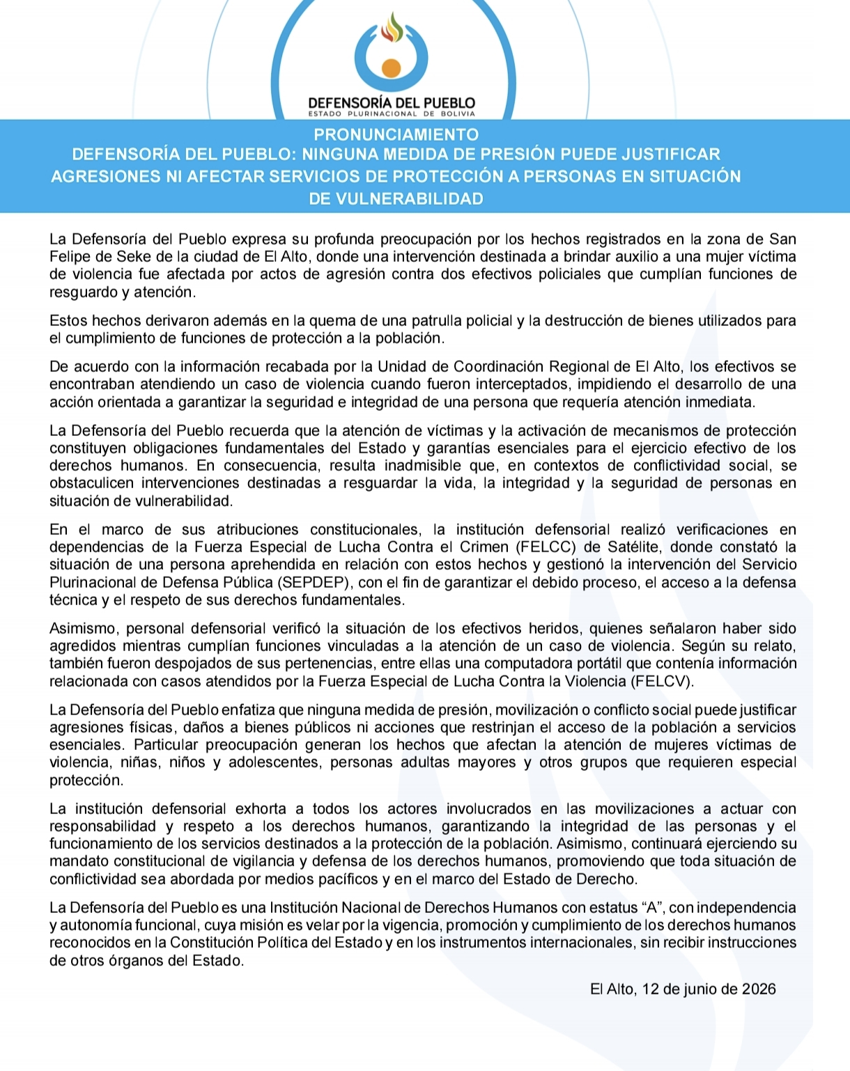 PRONUNCIAMIENTO - DEFENSORÍA DEL PUEBLO: NINGUNA MEDIDA DE PRESIÓN PUEDE JUSTIFICAR AGRESIONES NI AFECTAR SERVICIOS DE PROTECCIÓN A PERSONAS EN SITUACIÓN DE VULNERABILIDAD