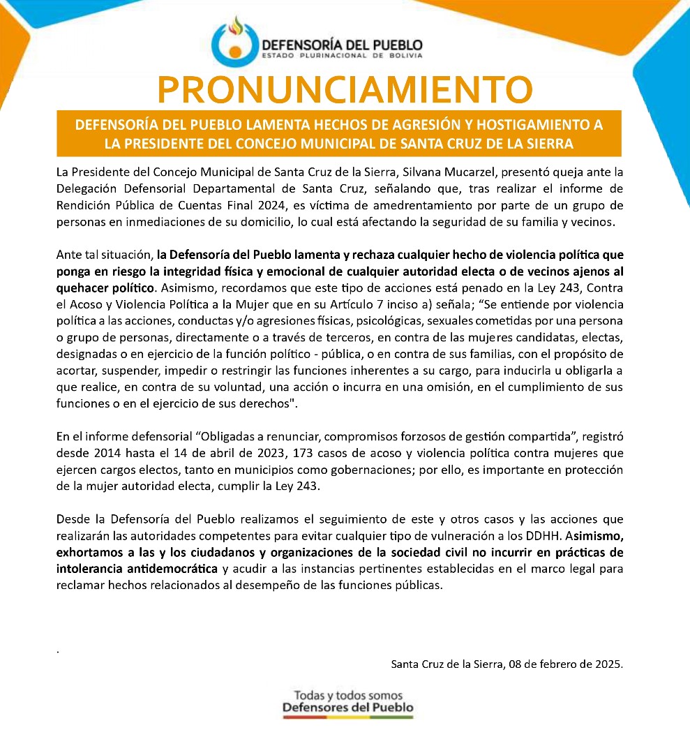 DEFENSORÍA DEL PUEBLO LAMENTA HECHOS DE AGRESIÓN Y HOSTIGAMIENTO A LA PRESIDENTE DEL CONCEJO MUNICIPAL DE SANTA CRUZ DE LA SIERRA.