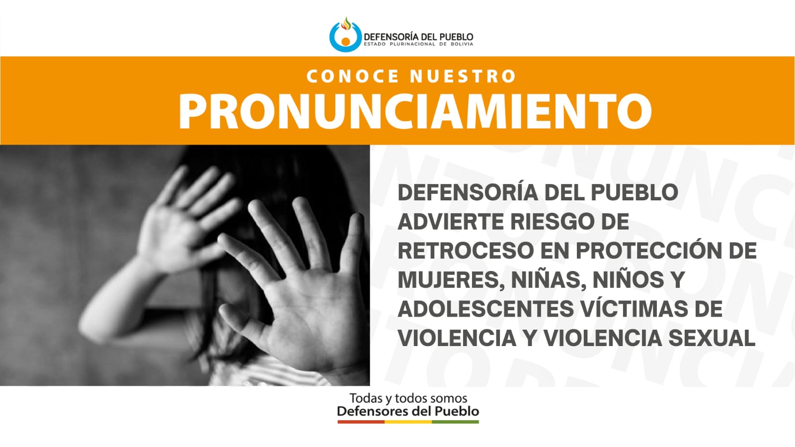 DEFENSORÍA DEL PUEBLO ADVIERTE RIESGO DE RETROCESO EN PROTECCIÓN DE MUJERES, NIÑAS, NIÑOS Y ADOLESCENTES VÍCTIMAS DE VIOLENCIA Y VIOLENCIA SEXUAL (PRONUNCIAMIENTO)