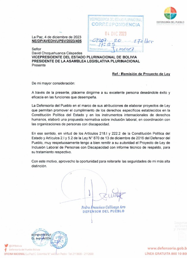 Proyecto de Ley de Inclusión Laboral de Personas con Discapacidad fue remitido a la Asamblea Legislativa Plurinacional