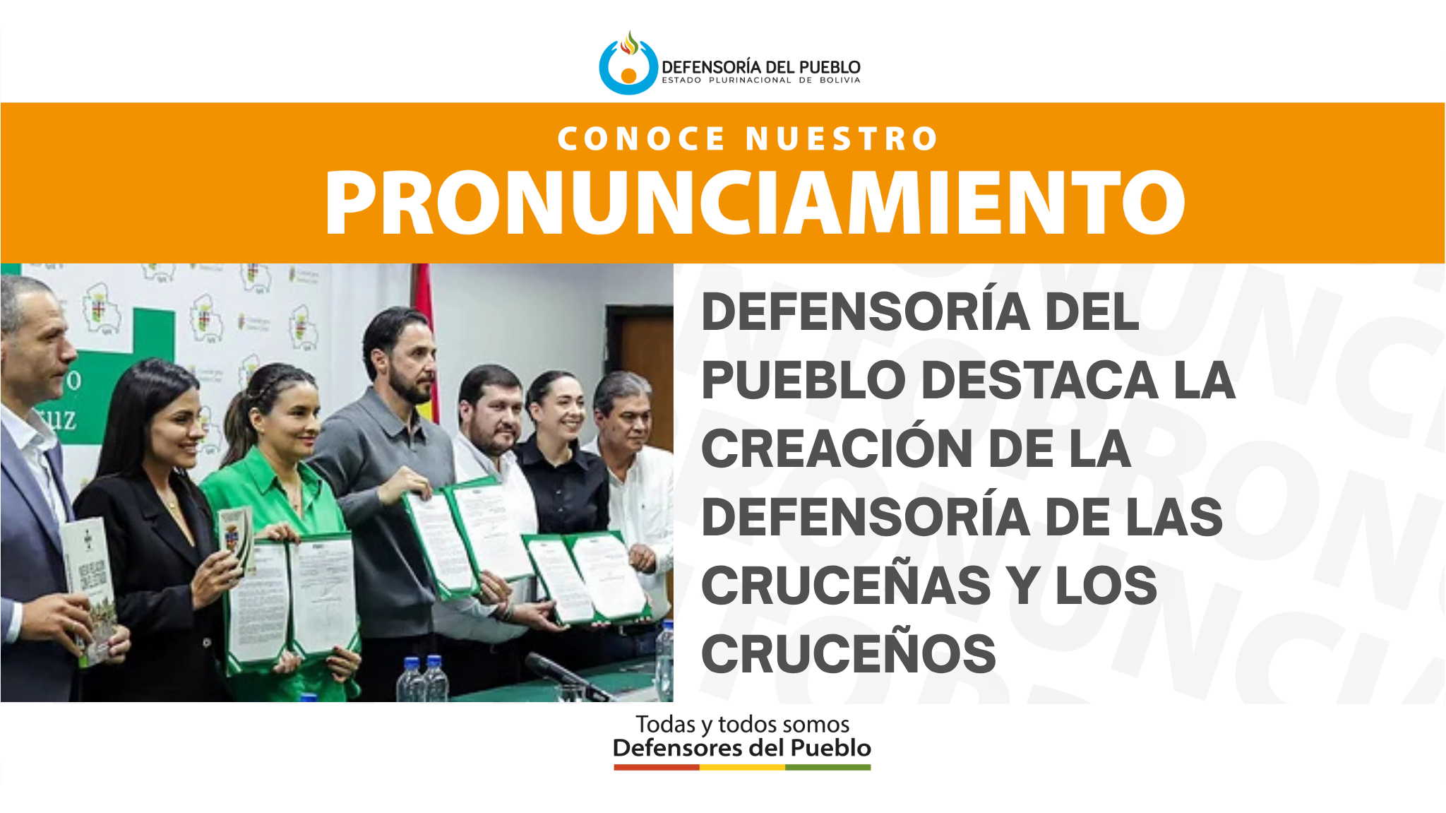 PRONUNCIAMIENTO DEFENSORÍA DEL PUEBLO DESTACA LA CREACIÓN DE LA DEFENSORÍA  DE LAS CRUCEÑAS Y LOS CRUCEÑOS