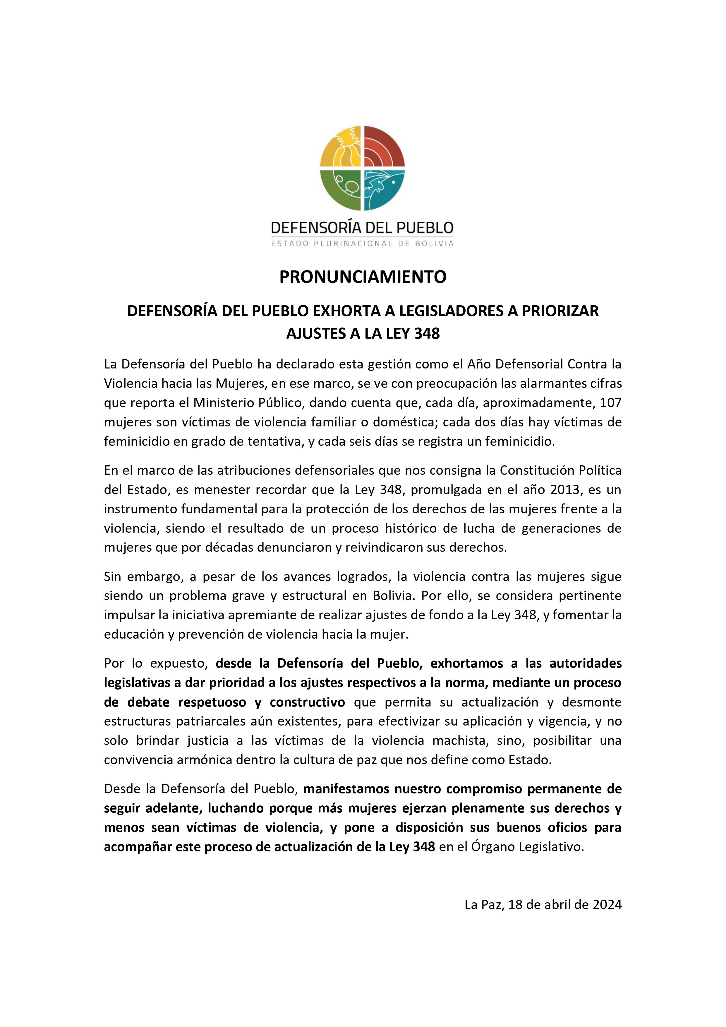 DEFENSORÍA DEL PUEBLO EXHORTA A LEGISLADORES A PRIORIZAR AJUSTES A LA LEY 348