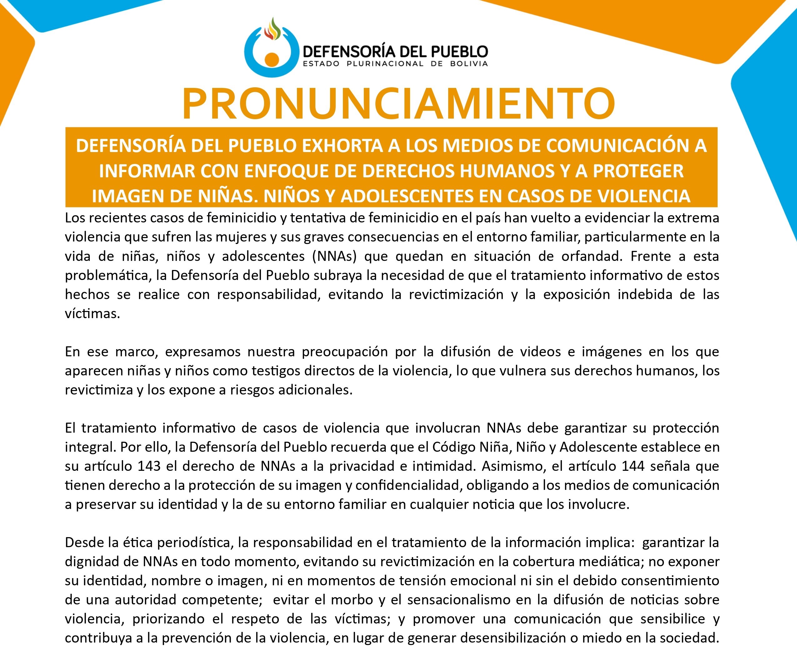 DEFENSORÍA DEL PUEBLO EXHORTA A LOS MEDIOS DE COMUNICACIÓN A INFORMAR CON ENFOQUE DE DERECHOS HUMANOS Y A PROTEGER IMAGEN DE NIÑAS, NIÑOS Y ADOLESCENTES EN CASOS DE VIOLENCIA