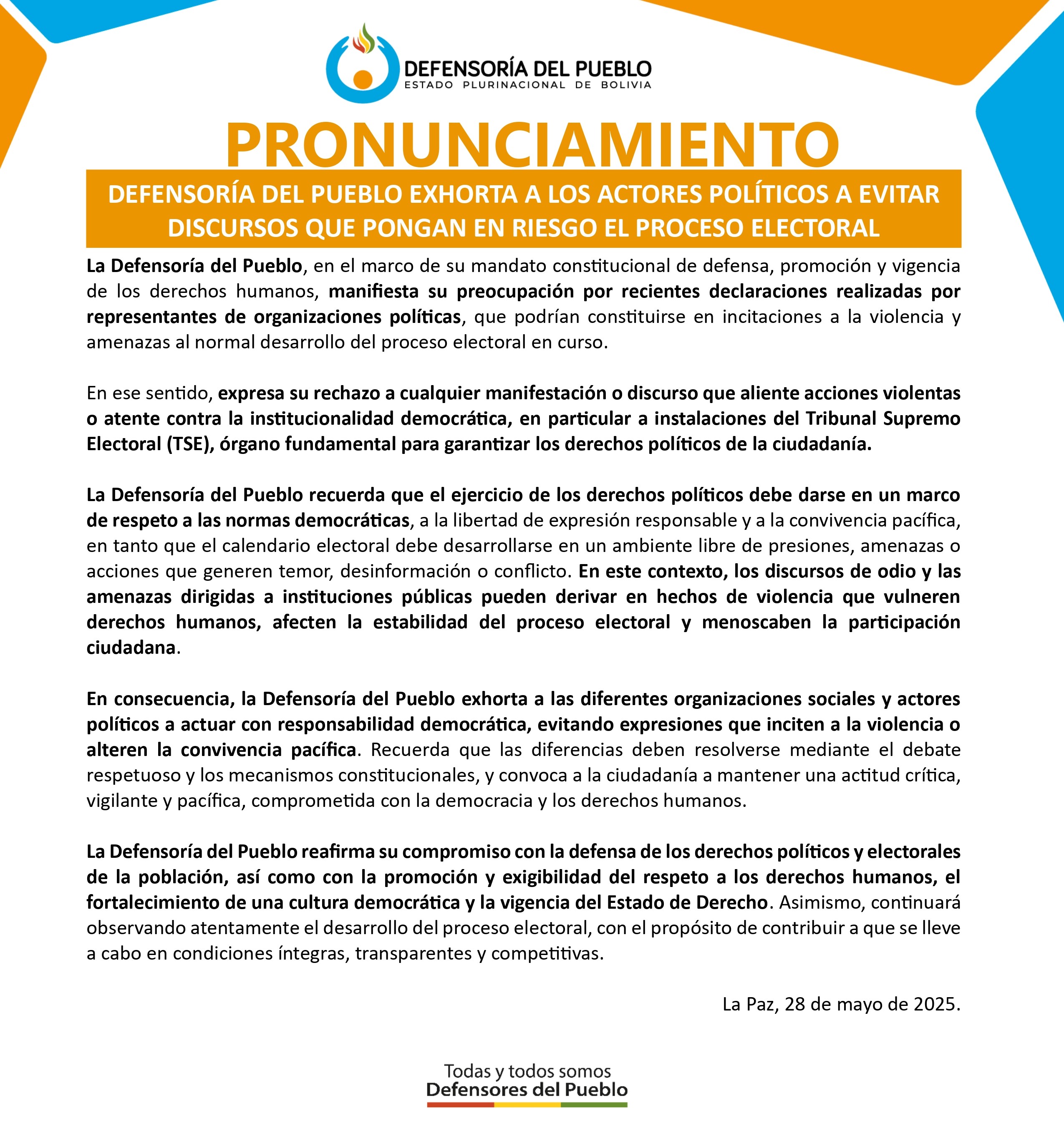 DEFENSORÍA DEL PUEBLO EXHORTA A LOS ACTORES POLÍTICOS A EVITAR DISCURSOS QUE PONGAN EN RIESGO EL PROCESO ELECTORAL