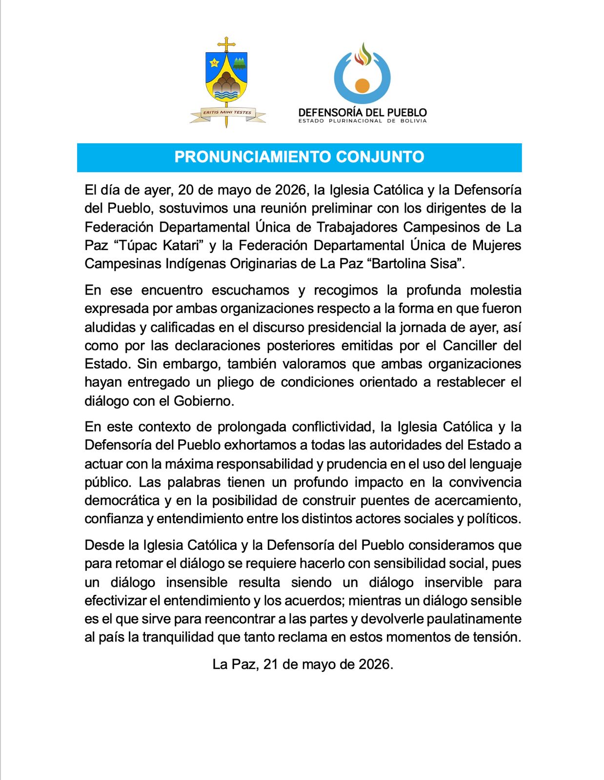 PRONUNCIAMIENTO CONJUNTO - DEFENSORÍA DEL PUEBLO Y LA IGLESIA CATÓLICA