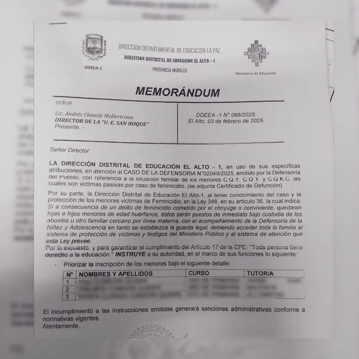 DEFENSORÍA DEL PUEBLO PREACUTELA EL DERECHO A LA EDUCACIÓN DE TRES NIÑOS Y LOGRA SU INSCRIPCIÓN EN UNA UNIDAD EDUCATIVA