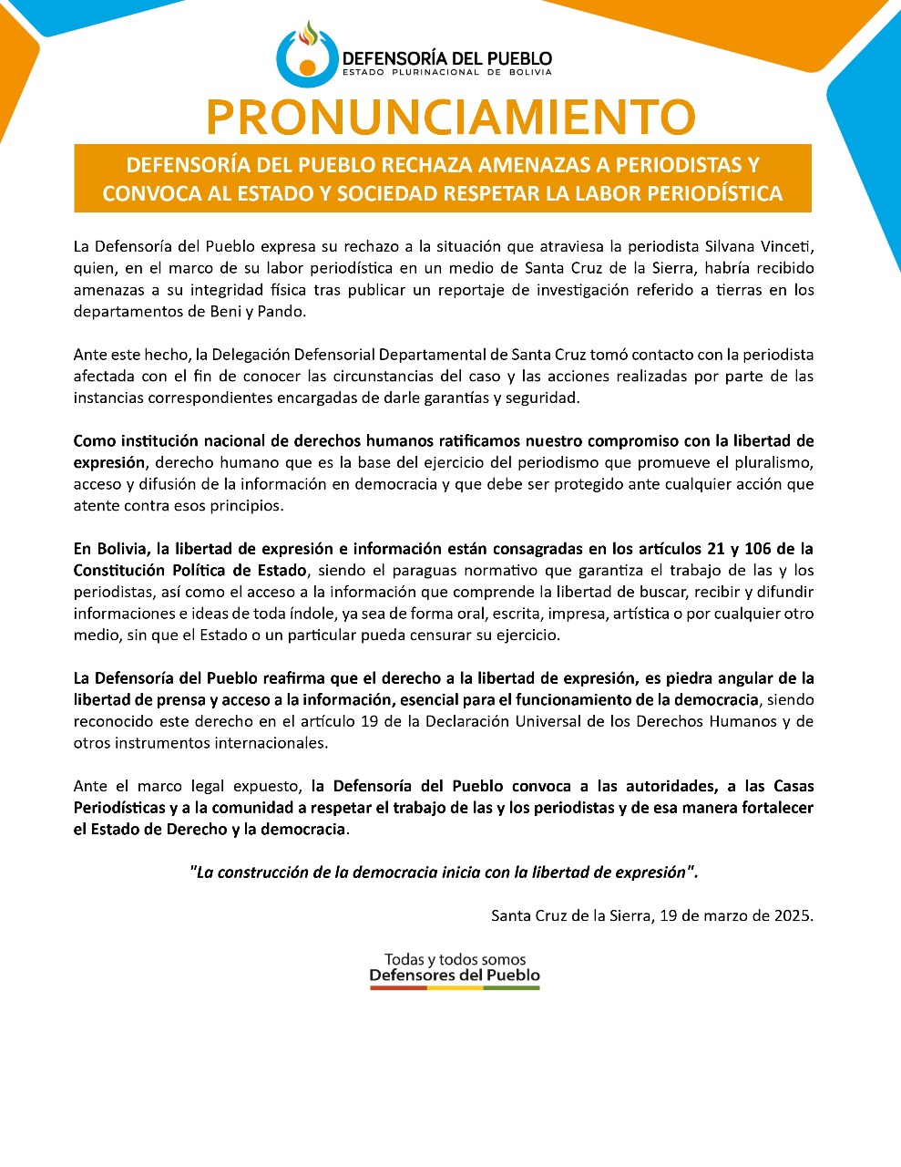 DEFENSORÍA DEL PUEBLO RECHAZA AMENAZAS A PERIODISTAS Y CONVOCA AL ESTADO Y SOCIEDAD RESPETAR LA LABOR PERIODÍSTICA