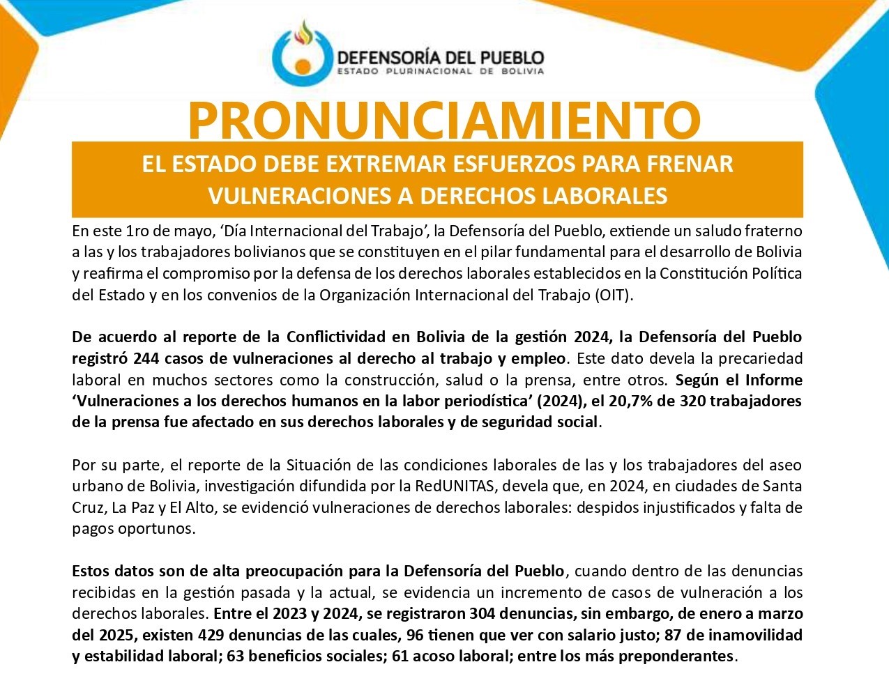 EL ESTADO DEBE EXTREMAR ESFUERZOS PARA FRENAR VULNERACIONES A DERECHOS LABORALES
