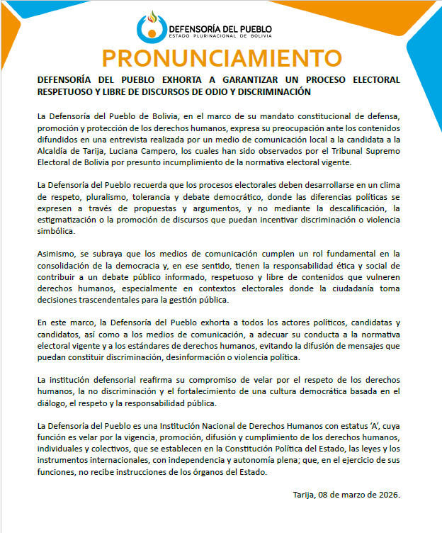 DEFENSORÍA DEL PUEBLO EXHORTA A GARANTIZAR UN PROCESO ELECTORAL RESPETUOSO Y LIBRE DE DISCURSOS DE ODIO Y DISCRIMINACIÓN