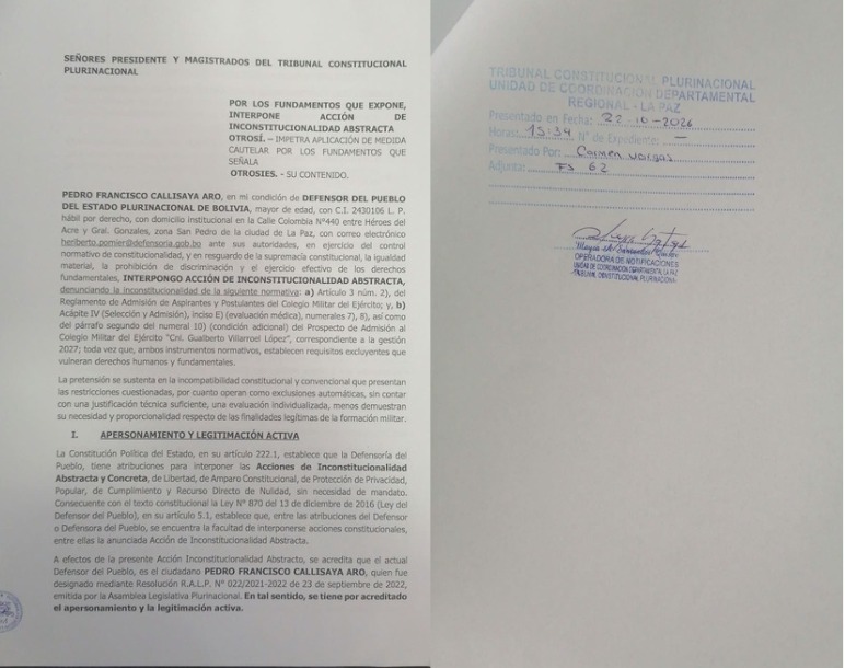 DEFENSOR DEL PUEBLO PIDE AL TCP ANULAR BARRERAS DE INGRESO AL COLEGIO MILITAR POR VULNERAR DERECHOS