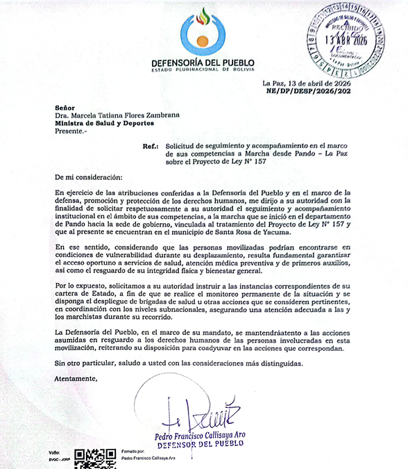 Defensoría del Pueblo solicita despliegue de brigadas de salud para marchistas de Pando y Beni
