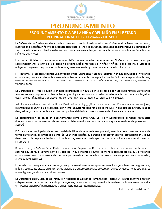 PRONUNCIAMIENTO DÍA DE LA NIÑA Y DEL NIÑO EN EL ESTADO PLURINACIONAL DE BOLIVIA 12 DE ABRIL
