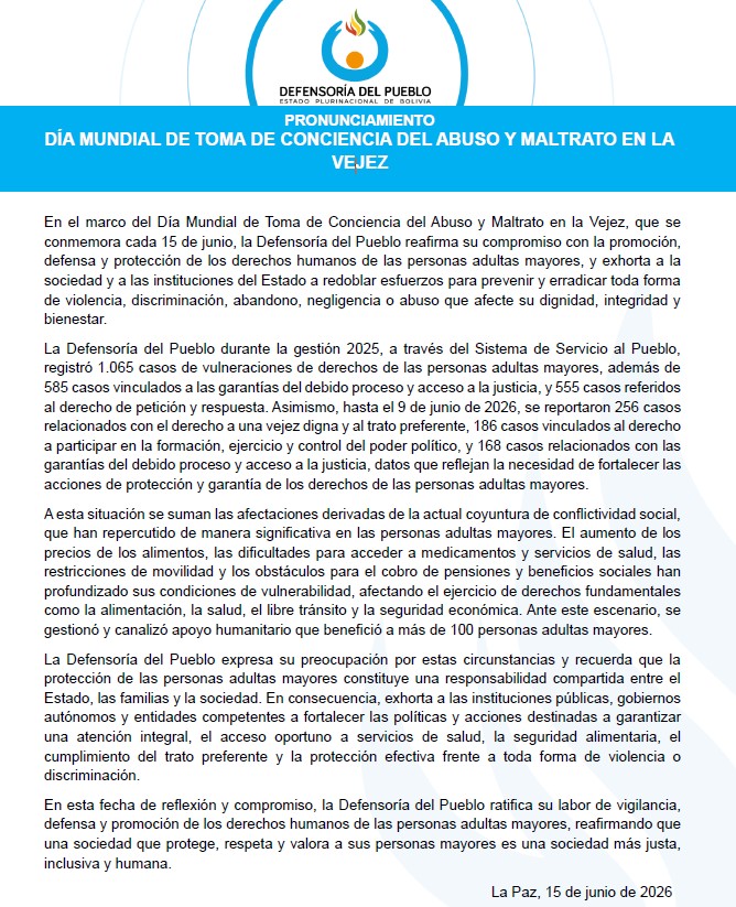 PRONUNCIAMIENTO DÍA MUNDIAL DE TOMA DE CONCIENCIA DEL ABUSO Y MALTRATO EN LA VEJEZ