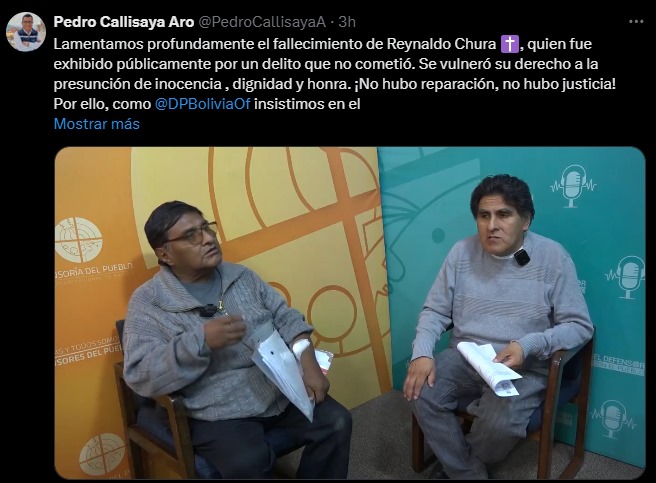 DEFENSOR DEL PUEBLO LAMENTA FALLECIMIENTO DE REYNALDO CHURA QUIEN FUE ACUSADO Y EXHIBIDO INJUSTAMENTE EN EL CASO ‘BEBÉ ALEX’