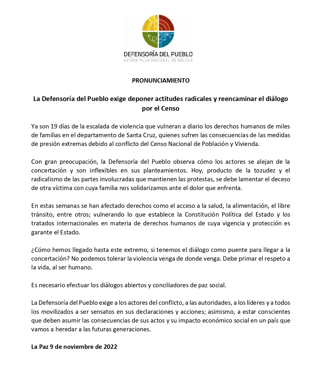 La Defensoría del Pueblo exige deponer actitudes radicales y reencaminar el diálogo por el Censo