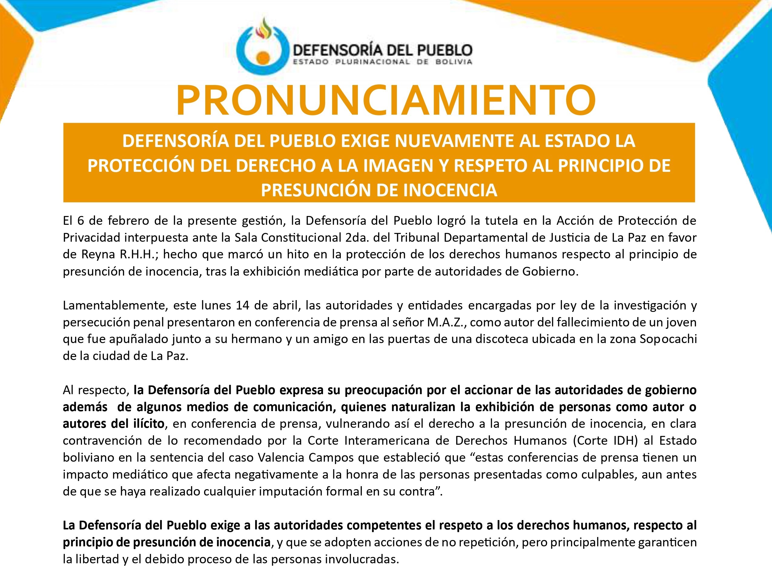 DEFENSORÍA DEL PUEBLO EXIGE NUEVAMENTE AL ESTADO LA PROTECCIÓN DEL DERECHO A LA IMAGEN Y RESPETO AL PRINCIPIO DE PRESUNCIÓN DE INOCENCIA