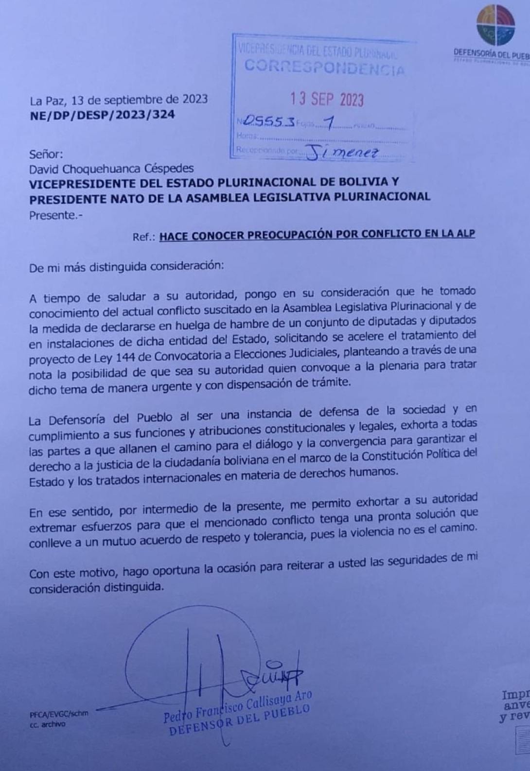 Defensor del Pueblo envía carta al Vicepresidente para pedirle que la ALP garantice el acceso a la justicia para la población