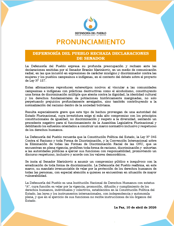 DEFENSORÍA DEL PUEBLO RECHAZA DECLARACIONES  DE SENADOR