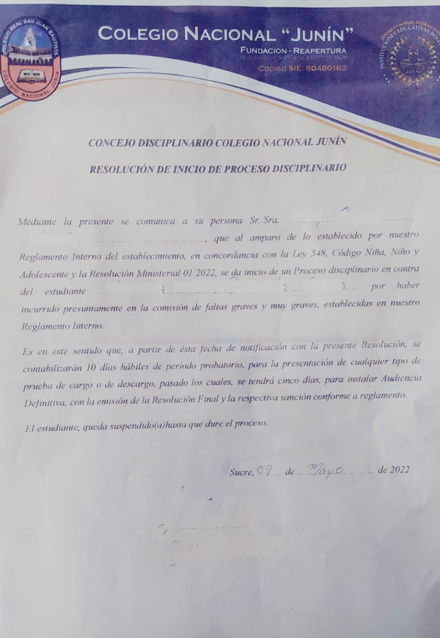 Defensoría del Pueblo ratifica que estudiantes del Colegio Nacional Junín fueron suspendidos irregularmente