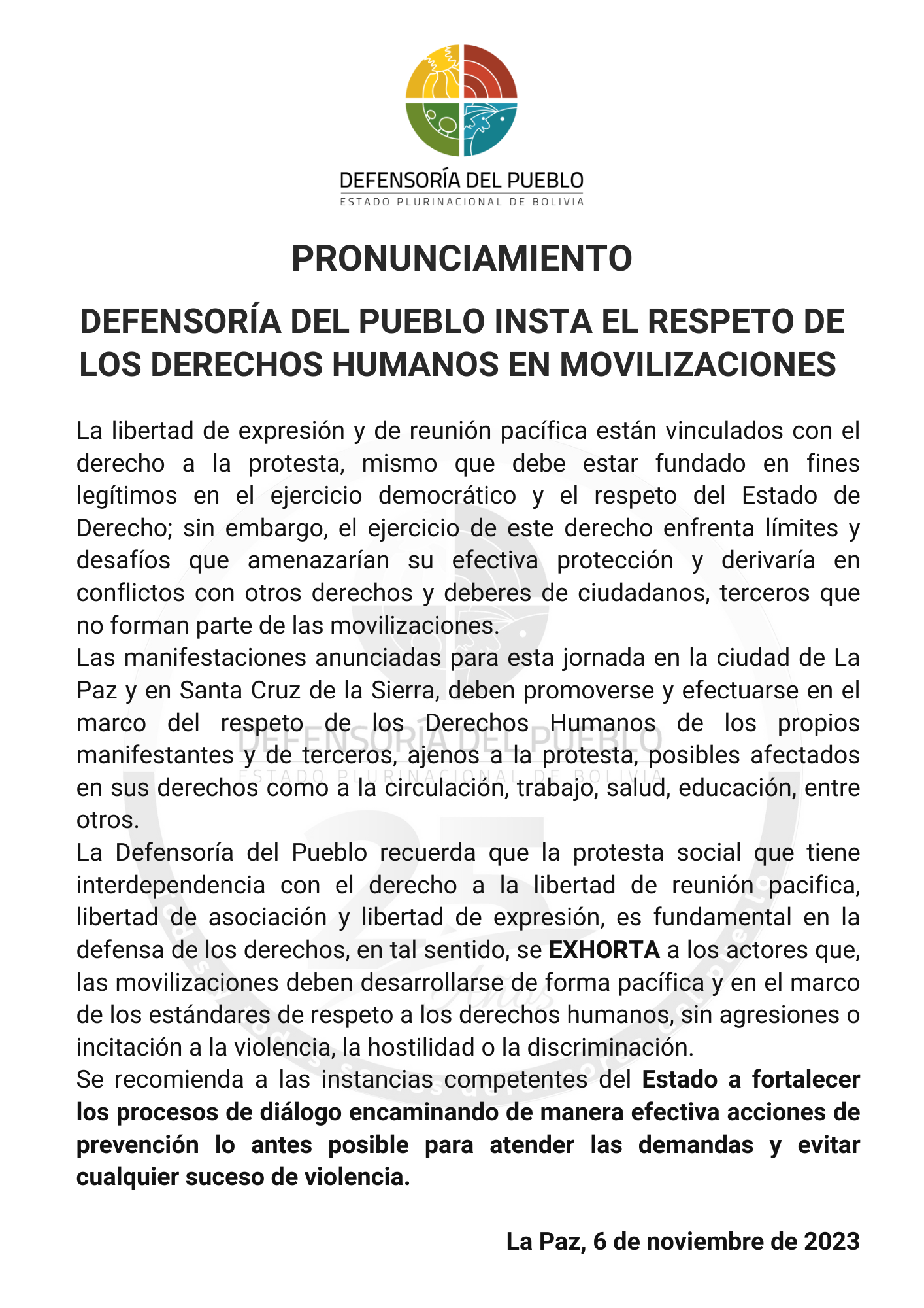 Defensoría del Pueblo insta el respeto de los derechos humanos en movilizaciones