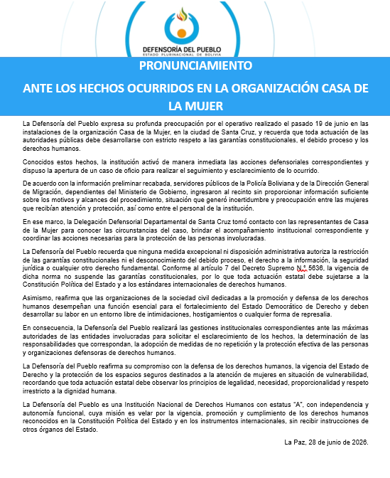 PRONUNCIAMIENTO ANTE LOS HECHOS OCURRIDOS EN LA ORGANIZACIÓN CASA DE LA MUJER