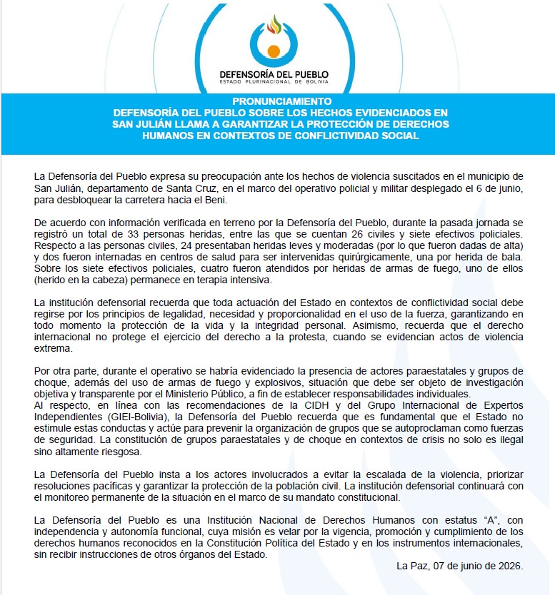 PRONUNCIAMIENTO: Defensoría del Pueblo sobre los hechos evidenciados en San Julián llama a garantizar la protección de derechos humanos en contextos de conflictividad social