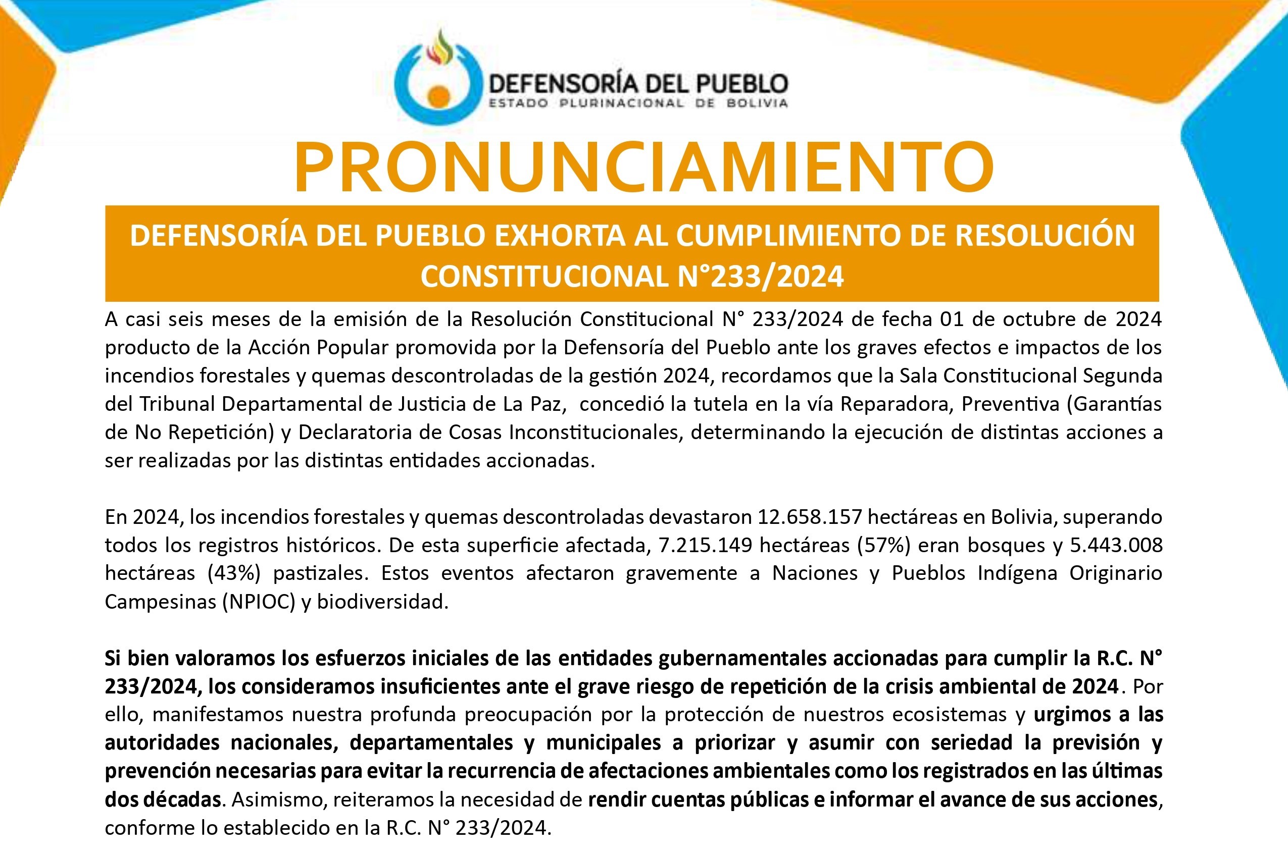 DEFENSORÍA DEL PUEBLO EXHORTA AL CUMPLIMIENTO DE RESOLUCIÓN CONSTITUCIONAL N°233/2024