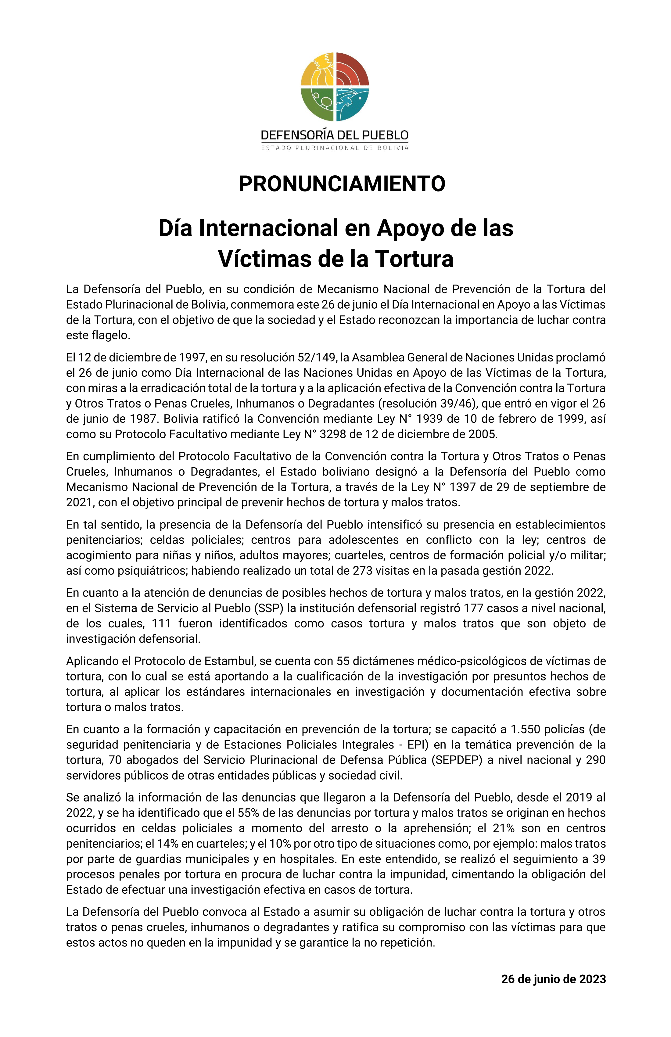 Día Internacional en Apoyo de las Víctimas de la Tortura