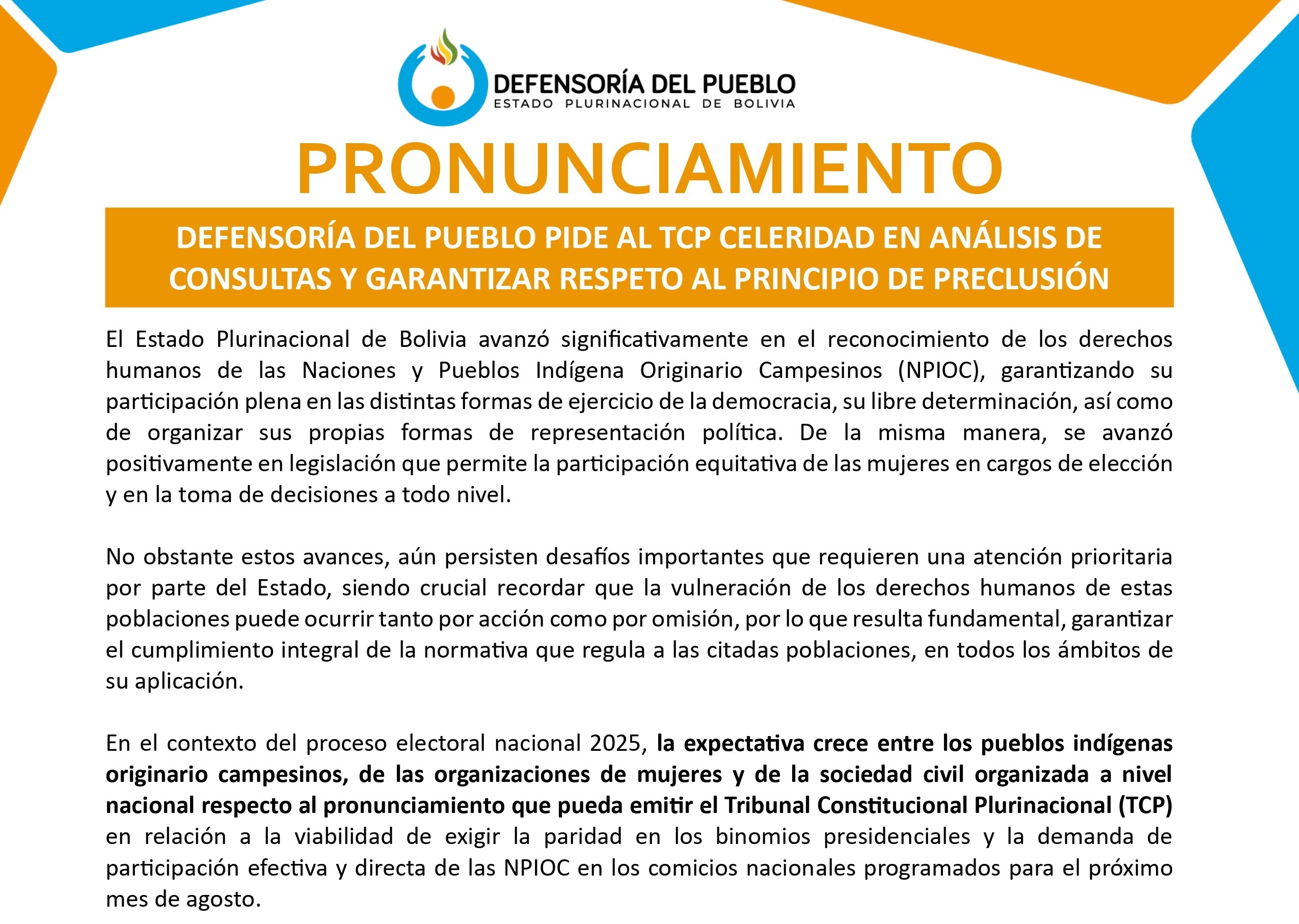 DEFENSORÍA DEL PUEBLO PIDE AL TCP CELERIDAD EN ANÁLISIS DE CONSULTAS Y GARANTIZAR RESPETO AL PRINCIPIO DE PRECLUSIÓN