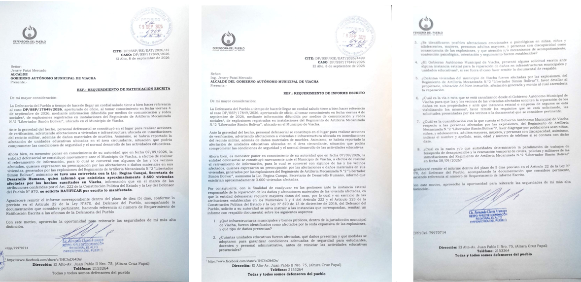 Defensoría del Pueblo solicita información oficial sobre daños y personas afectadas por explosiones en Viacha