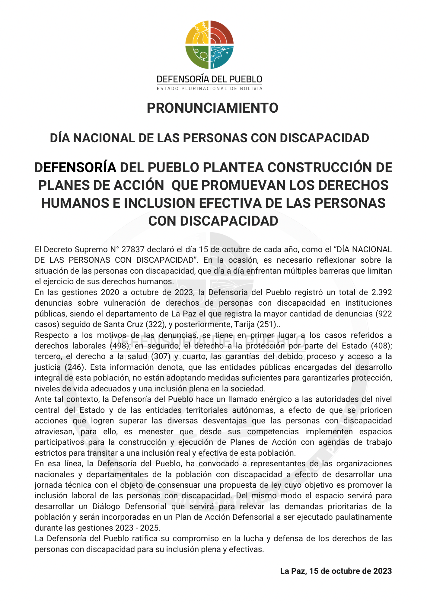 DÍA NACIONAL DE LAS PERSONAS CON DISCAPACIDAD - DEFENSORÍA DEL PUEBLO PLANTEA CONSTRUCCIÓN DE PLANES DE ACCIÓN 	QUE PROMUEVAN LOS DERECHOS HUMANOS E INCLUSIÓN EFECTIVA DE LAS PERSONAS CON DISCAPACIDAD