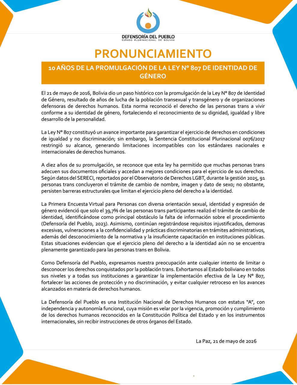10 AÑOS DE LA PROMULGACIÓN DE LA LEY N° 807 DE IDENTIDAD DE GÉNERO