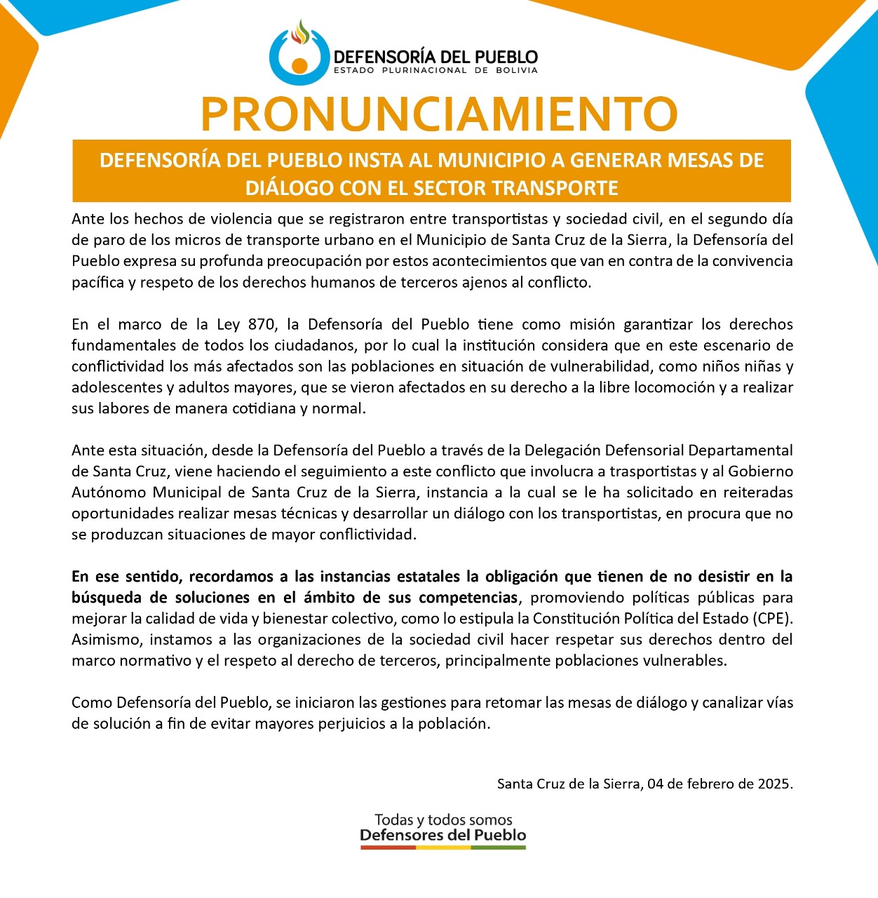 DEFENSORÍA DEL PUEBLO INSTA AL MUNICIPIO A GENERAR MESAS DE DIÁLOGO CON EL SECTOR TRANSPORTE.
