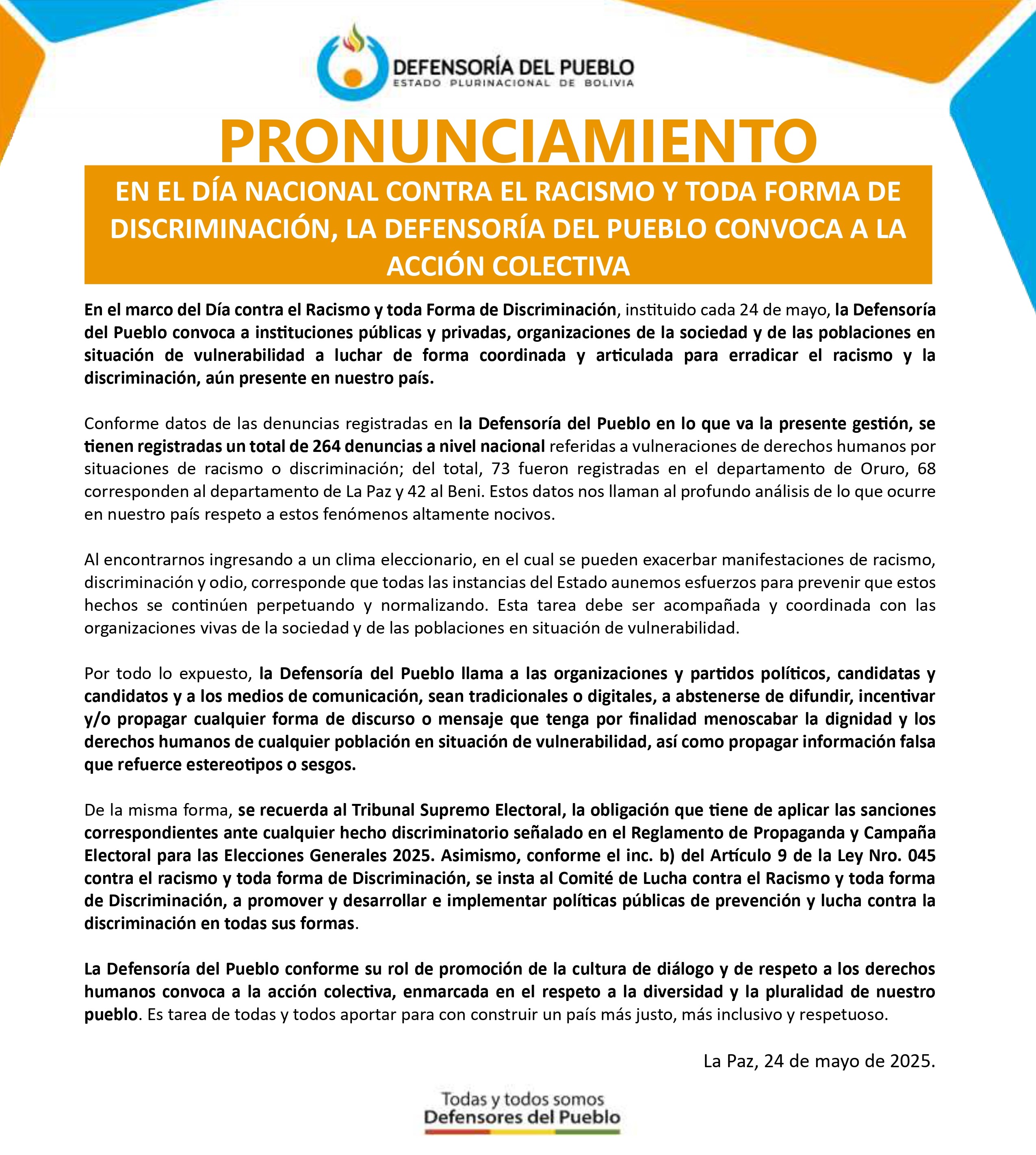 EN EL DÍA NACIONAL CONTRA EL RACISMO Y TODA FORMA DE DISCRIMINACIÓN, LA DEFENSORÍA DEL PUEBLO CONVOCA A LA ACCIÓN COLECTIVA