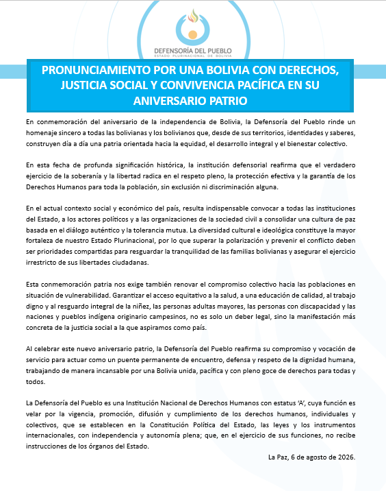 PRONUNCIAMIENTO POR UNA BOLIVIA CON DERECHOS, JUSTICIA SOCIAL Y CONVIVENCIA PACÍFICA EN SU ANIVERSARIO PATRIO