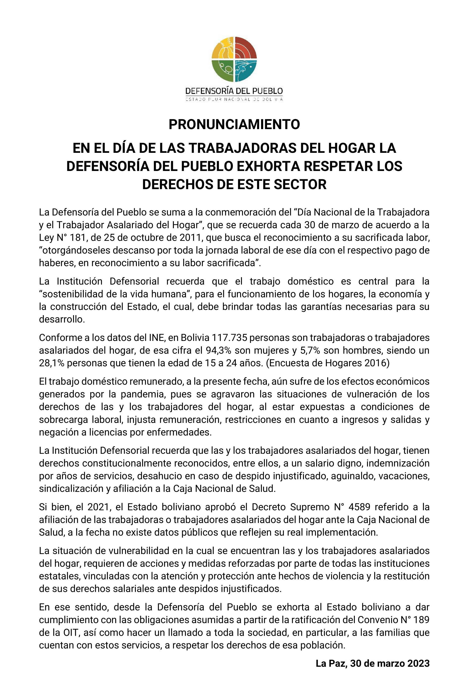 EN EL DÍA DE LAS TRABAJADORAS DEL HOGAR LA DEFENSORÍA DEL PUEBLO EXHORTA RESPETAR LOS DERECHOS DE ESTE SECTOR