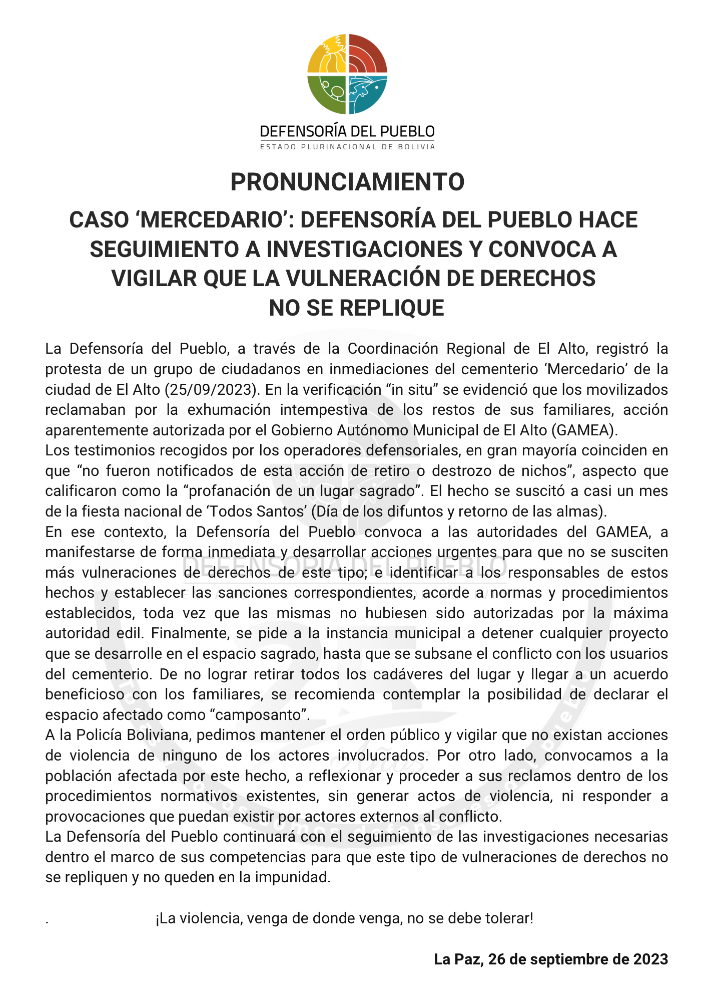 CASO ‘MERCEDARIO’: DEFENSORÍA DEL PUEBLO HACE SEGUIMIENTO A INVESTIGACIONES Y CONVOCA A VIGILAR QUE LA VULNERACIÓN DE DERECHOS NO SE REPLIQUE