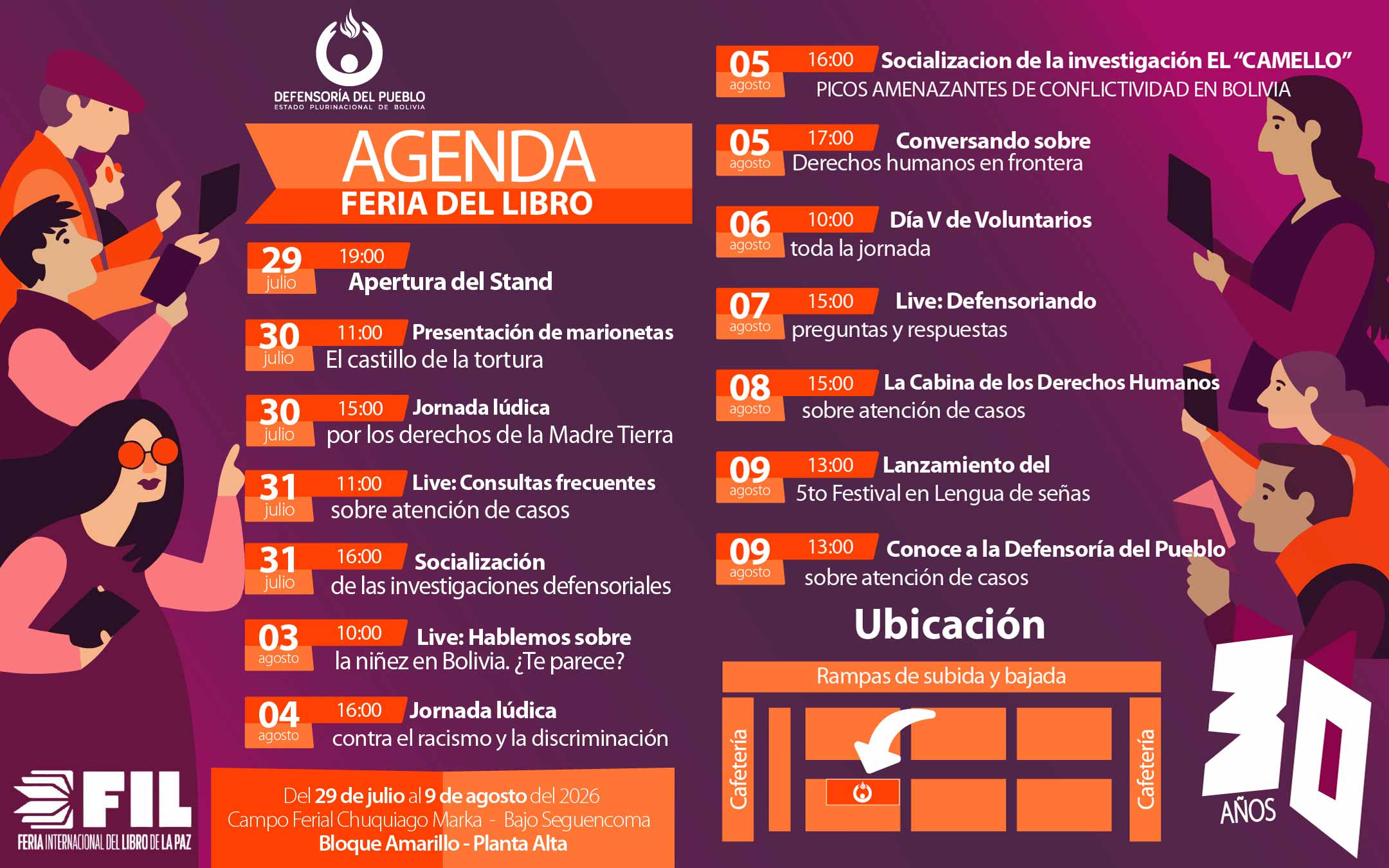DEFENSORÍA DEL PUEBLO ACTIVA NUTRIDA AGENDA DE DERECHOS HUMANOS EN LA 30.ª FIL LA PAZ