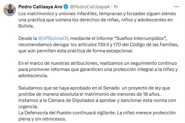 DEFENSOR DEL PUEBLO SALUDA APROBACIÓN DE PROYECTO DE LEY QUE PROHÍBE EL MATRIMONIO INFANTIL RECOGIENDO RECOMENDACIONES DEL INFORME SUEÑOS INTERRUMPIDOS
