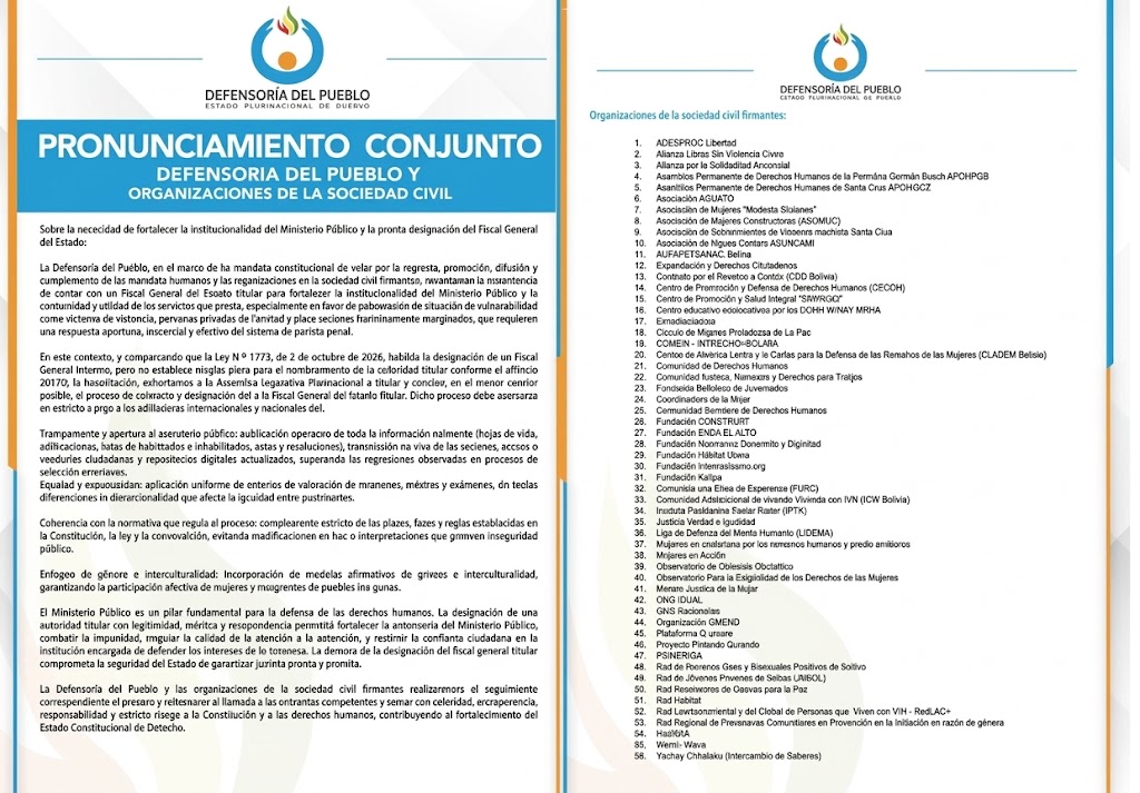 Defensoría del Pueblo y Organizaciones de la Sociedad Civil - Pronunciamiento Conjunto
