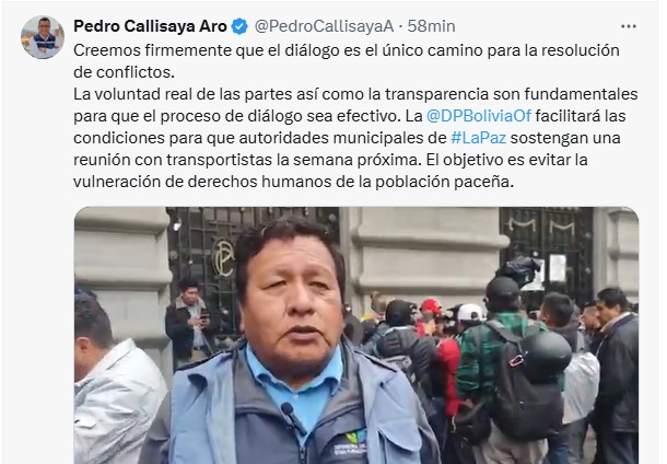 CONFLICTO DE TRANSPORTE: DEFENSOR DEL PUEBLO DESTACA PAUSA DE MOVILIZADOS Y PIDE DIÁLOGO TRANSPARENTE