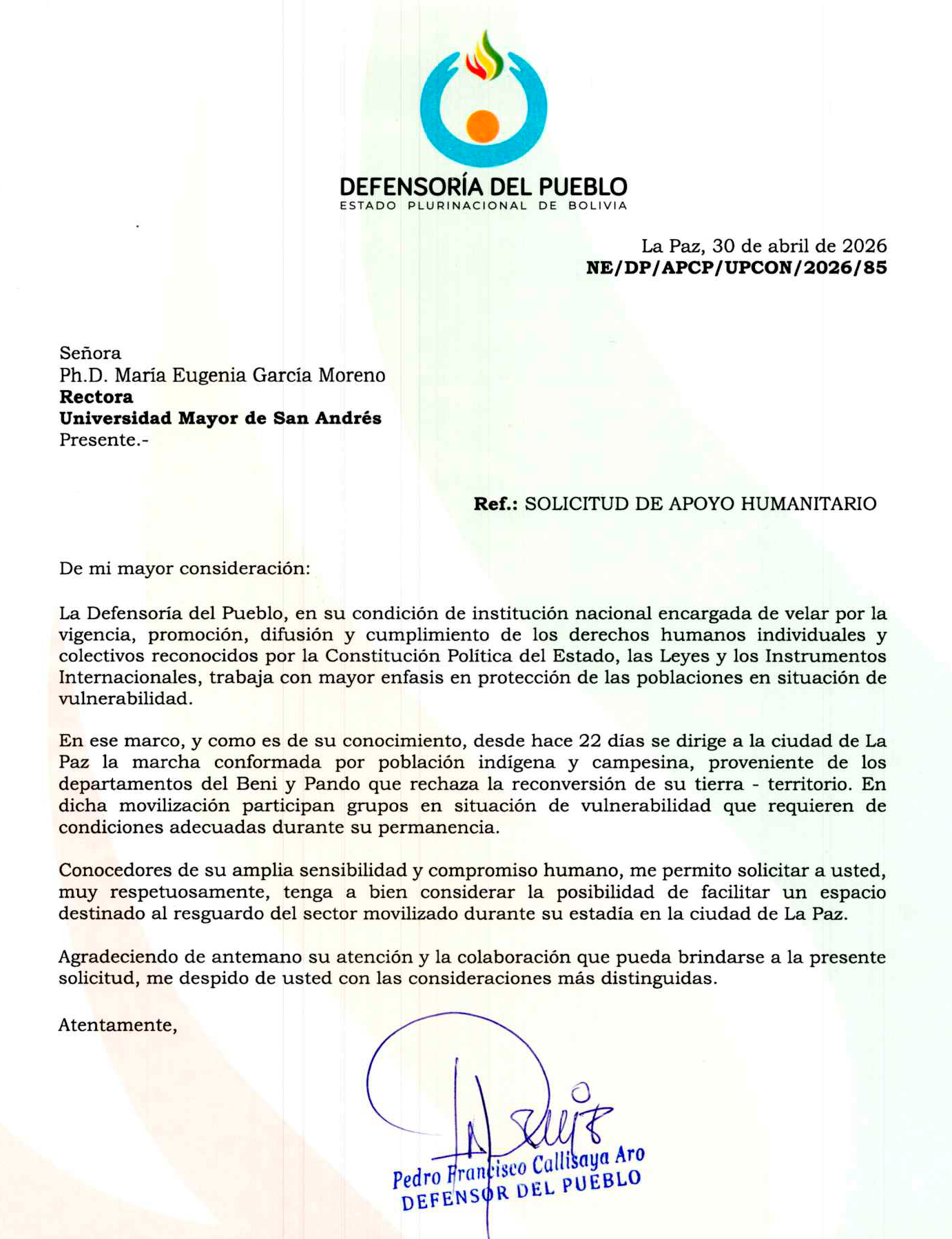 Defensor del Pueblo solicita a la UMSA espacio de resguardo humanitario para marchistas