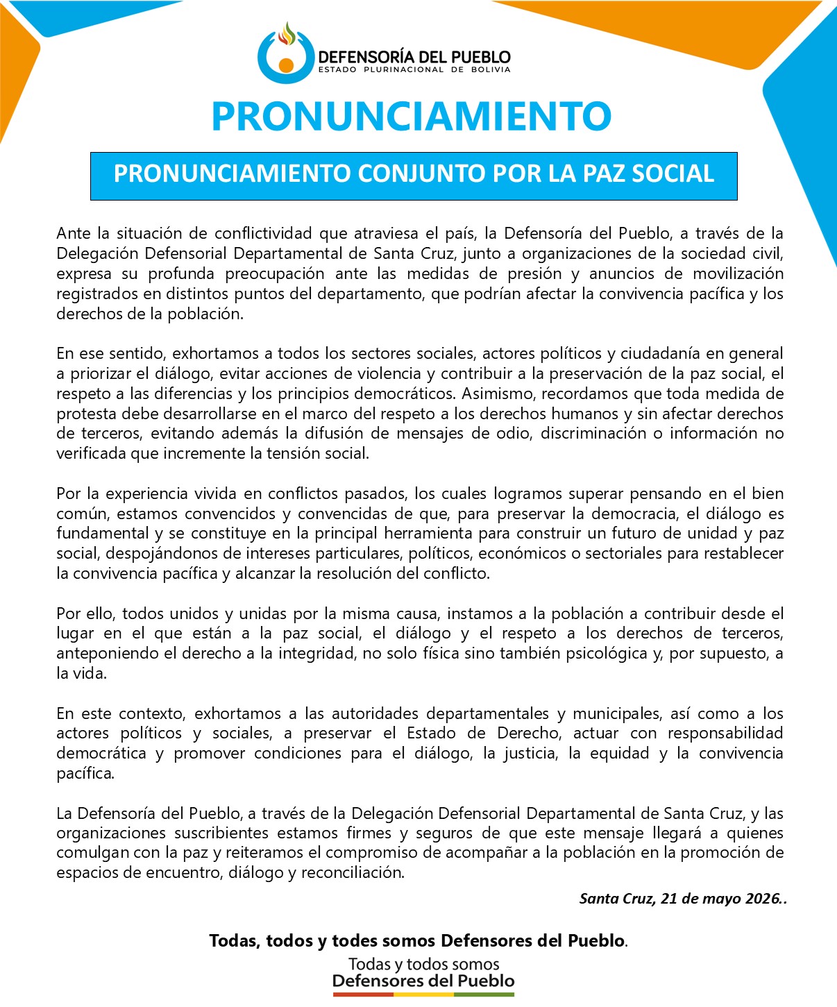PRONUNCIAMIENTO CONJUNTO POR LA PAZ SOCIAL