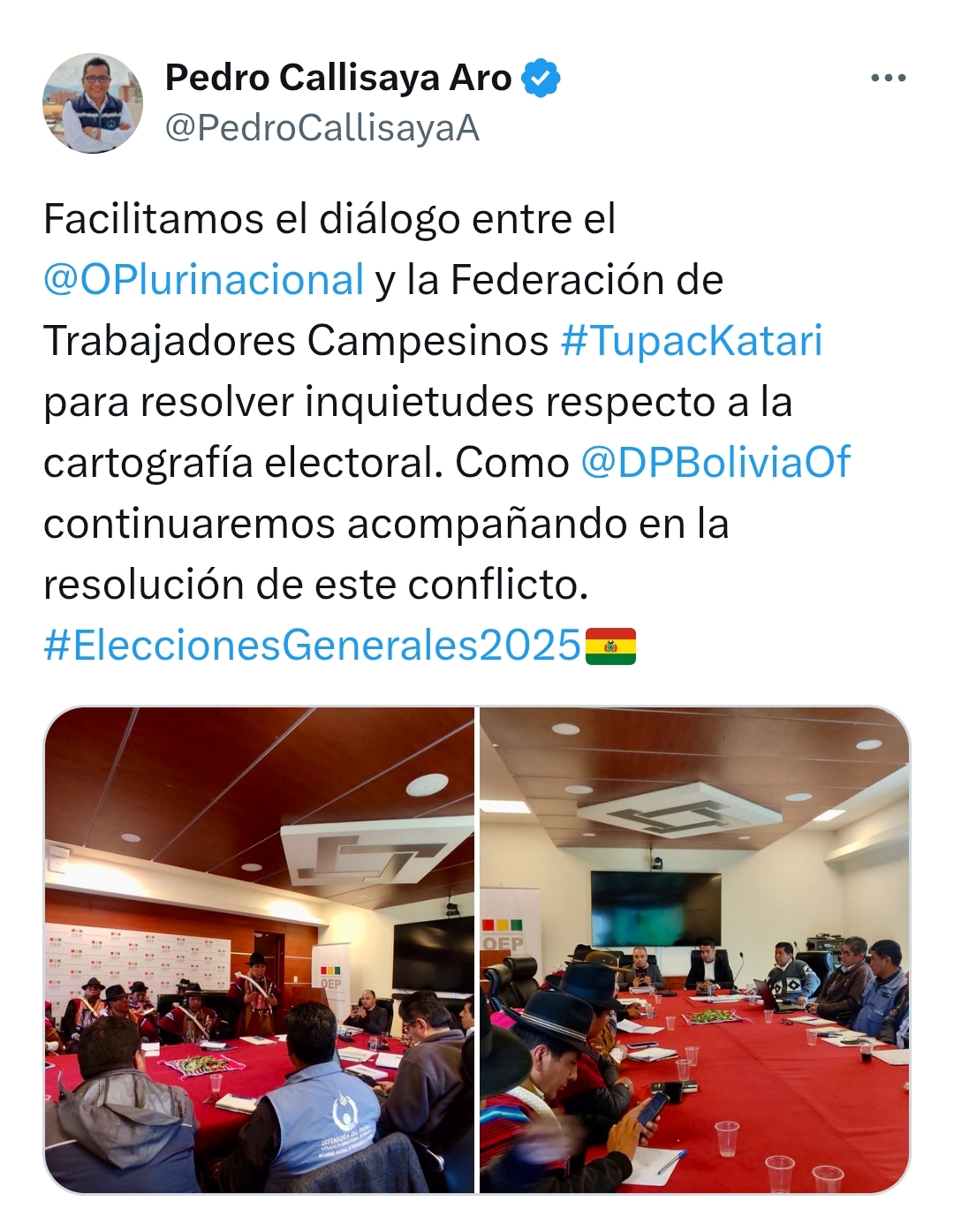 DEFENSORÍA DEL PUEBLO FACILITA EL DIÁLOGO ENTRE EL ÓRGANO ELECTORAL Y LA FEDERACIÓN TUPAC KATARI POR DELIMITACIÓN DE CIRCUNSCRIPCIONES EN EL DEPARTAMENTO DE LA PAZ