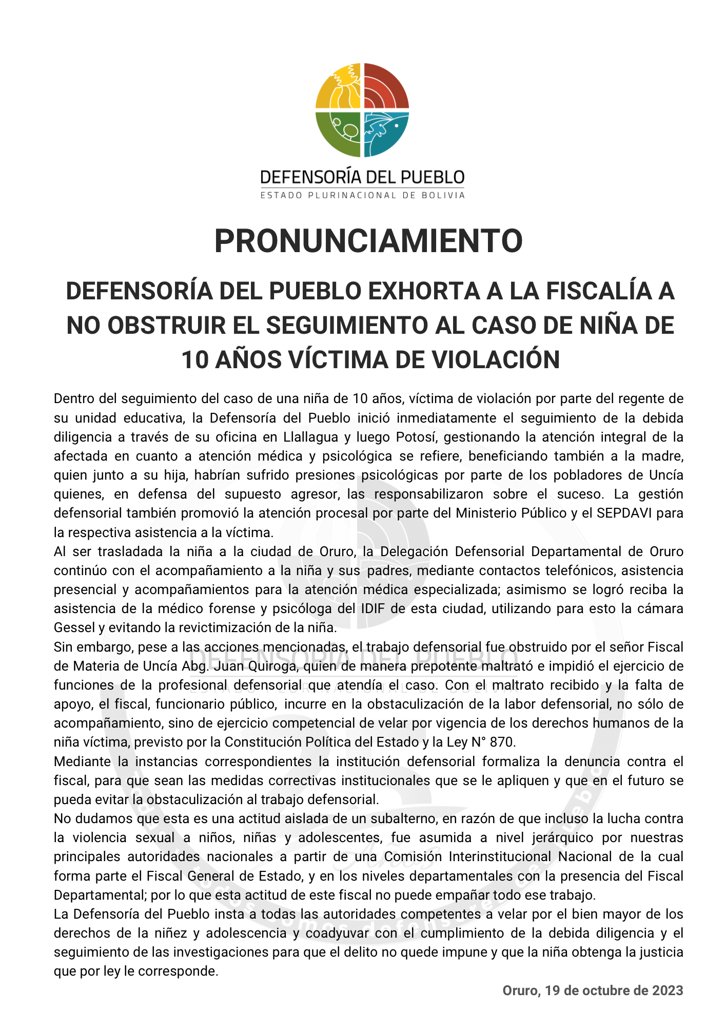 Defensoría del Pueblo exhorta a Fiscalía no obstruir  el seguimiento al caso de niña de 10 años víctima de violación