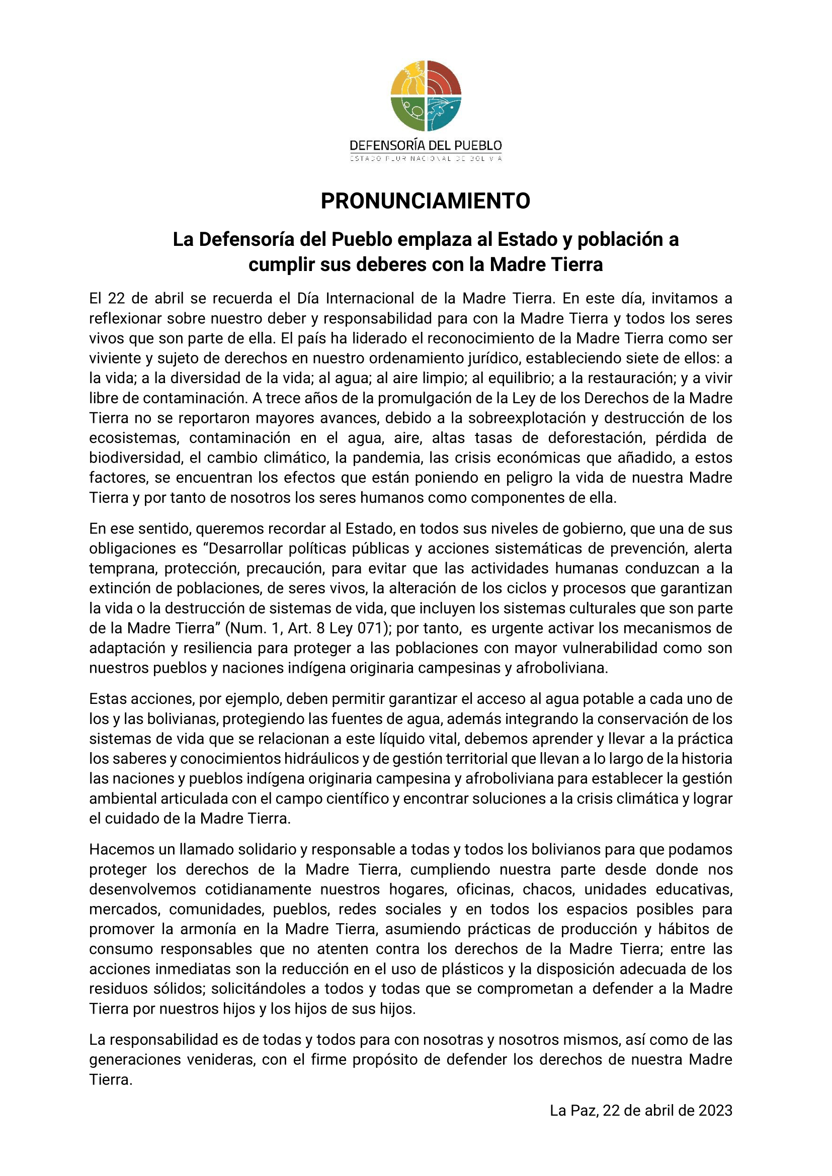 La Defensoría del Pueblo emplaza al Estado y población a cumplir sus deberes con la Madre Tierra