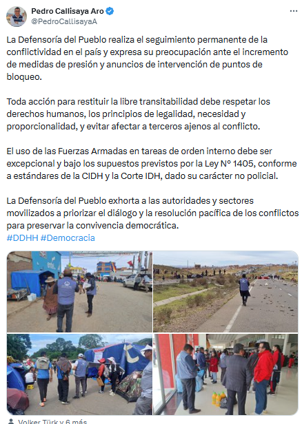 DEFENSOR DEL PUEBLO EXHORTA A INSTALAR UN DIÁLOGO URGENTE ANTE EL INCREMENTO DE LA CONFLICTIVIDAD Y RECUERDA ESTÁNDARES SOBRE EL USO DE LA FUERZA