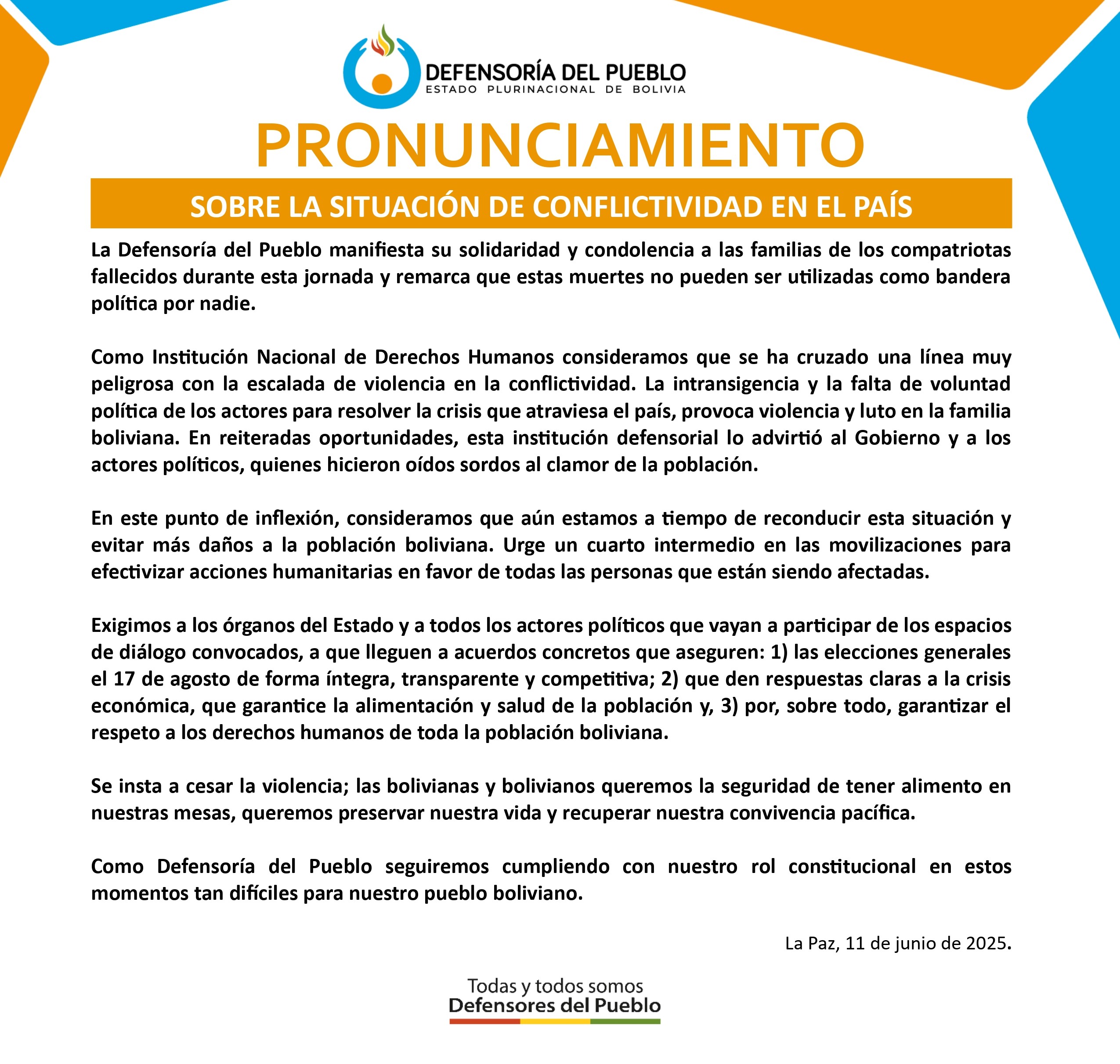PRONUNCIAMIENTO SOBRE LA SITUACIÓN DE CONFLICTIVIDAD EN EL PAÍS